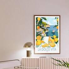1 pièce, Peinture décorative encadrée, suspendue sur canevas, affiche, œuvre murale, Impression sur canevas de style italien "La Dolce Vita", affiche avec citron et paysage côtier, parfait pour le salon, la chambre, la décoration de bureau, cadeau idéal