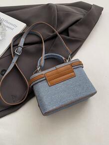 系带装饰 新款时尚斜挎包 简约休闲手提包 小方包 化妆包 珍珠吊坠 围巾装饰 休闲手提包 盒装包 拼布女式手提包 - 藍色 - 查看 7