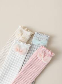 1 Pair Children's Solid Color Bow & Ruffle Trim Mid-Calf Socks, Comfortable Breathable Fashion, Spring/Autumn - Multicolor - View 1