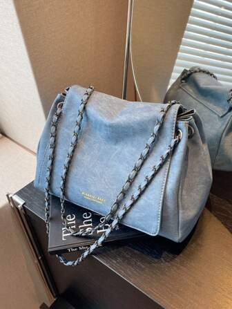 حقيبة سلسلة لون أنيق ولطيف للنساء ذات سعة كبيرة للتنقل، حقيبة كتف متقاطعة بتصميم مزخرف جديد لعام 2024