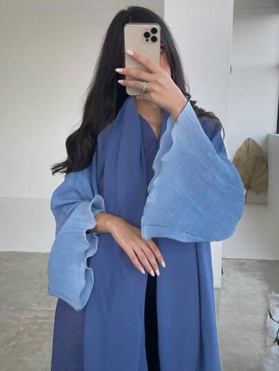 1 peça de saia plissada de duas cores, tamanho único, elegante e moderna, com punhos emendados, cor sólida, para mulheres, saia longa do Oriente Médio, cardigan elegante e moderno, robe abaya, adequado para festivais diários, kaftan modesto