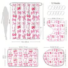 1/4 piezas Juego de cortina de ducha con estampado de lazo rosa y cereza, regalo del Día de la Madre, decoración del hogar, decoración de primavera/otoño, decoración festiva, impermeable y lavable, incluye 12 ganchos, accesorios esenciales para el baño, divisor de bañera, fácil limpieza para una experiencia de baño refrescante, accesorios de baño, de vuelta a la escuela