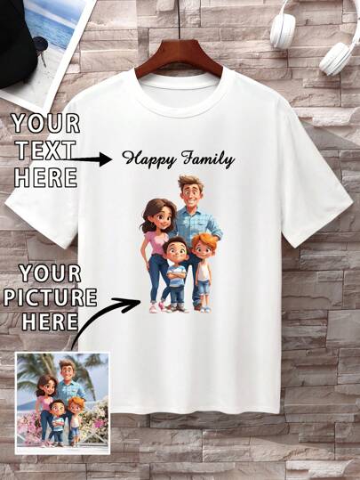 Customized Photo Print Men's T-Shirt, Spring/Summer, Personalized Design, Upload Your Photo/Group Photo/Lover/Pet/Friend/Landscape, Enter Your Text/Name/Slogan/Funny Words/Blessing, Men's Round Neck Short Sleeve White Top, Holiday Gift, Valentine's Day/Birthday/Anniversary Photo Customization, Gift For Her