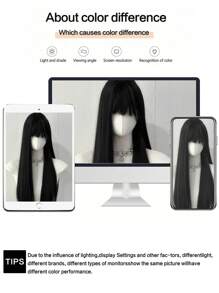 韩国合成黑色 26 英寸长直发假发 合成自然长直发带刘海假发 - 黑色 - 查看 9