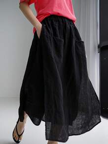Women's Wide Leg Linen Capri Pants Multi-Pockets Loose Fit Fake-Two Piece Culotes - Black - View 1
