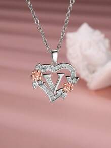 Tsnamer 1 Stück exquisiter Halskette mit kubischem Zirkonia-Initialen und herz-geschnitztem 26 Buchstaben A-Z sowie Blumen, Damen Schmuck für den täglichen Gebrauch