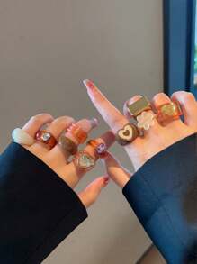 10pcs/Set Assorted Flower & Heart Shaped Resin Retro Rings, Unique Fashion Jewelry Rings For Women & Girls, Daily Wear