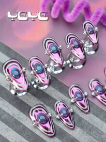 Elevate Your Style With 10pcs Almond Shape European Style Y2K Metal Purple Circle With Blue Cat Eyes Dot Punk St. Patrick's Day Full Coverage Fake Nail Set Modernist Shiny Purple Saint Patrick's Day Brazilian Style Funny Full Cover Acrylic Press On Nails Kit For Women And Girls Nordic With 1pc Mini Nail File & 1 Sheet Adhesive Tabs