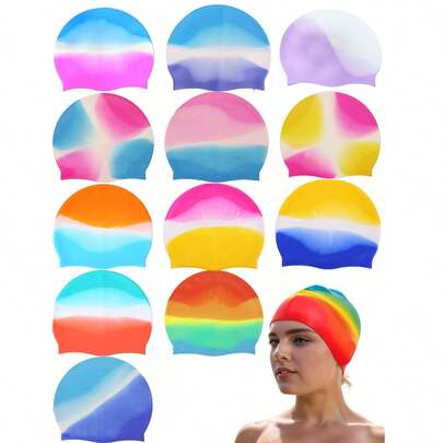 Gorro de natación de silicona colorido, impermeable y sin rozaduras de 7.48"*8.66" de 2025, adecuado para hombres y mujeres con cabello largo o corto, fácil de poner y quitar, mantiene el cabello seco para nadar y bañarse, esenciales de playa, accesorios de playa, flotador de piscina