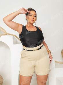 Plus Size Tailored Shorts With Elegant Belt Summer - 米色 - 查看 3