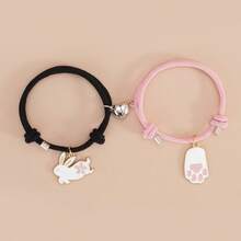 Pulseras a juego con dijes de conejito, 2 piezas, lindas pulseras de  con forma de corazón ajustables de Pascua para parejas. - Negro y rosa - Ver 4