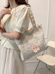 时尚半圆形米色女士手提包，饰有字母、花朵、耶稣图案和口袋，简约基督教印花单肩包，简约托特包，米色休闲风格，可作背包使用，大容量，便携，适合户外活动、购物、工作、返校、中学、高中、大学、度假、圣诞礼物袋 - 米色 - 查看 2