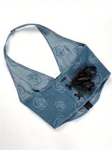 Women's Halter Neck Denim Vest Sleeveless Deep V Neck Slim Fit Floral Tank Tops - Blue - View 6