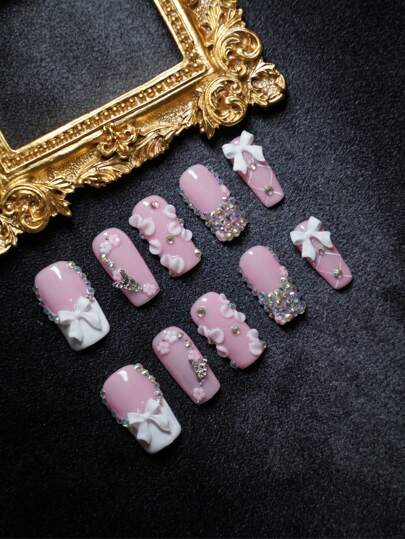 10pcs Short Press-On Nails With 3D Rhinestones, Suitable For Party And Daily Wear, S Size, Suitable For Girls, Easy To Wear