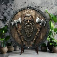 8x8 Inch Classic Viking Shield Theme Flat Metal Wall Decor Plaque, Multipurpose Flat Metal Sign For Home, Office, Living Room, 2D High Definition Printing, Waterproof, Pre-Drilled Holes, Random Hole Positions