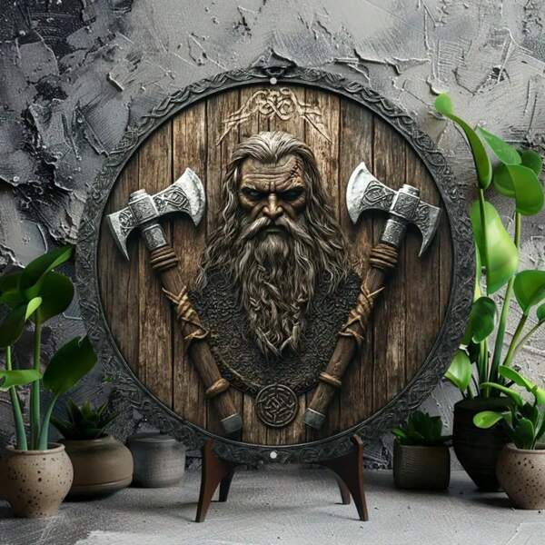 8x8 Inch Classic Viking Shield Theme Flat Metal Wall Decor Plaque, Multipurpose Flat Metal Sign For Home, Office, Living Room, 2D High Definition Printing, Waterproof, Pre-Drilled Holes, Random Hole Positions