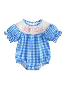 Baby Girl Short Sleeve Romper Letter Embroidered Plaid Smocked Round Neck Ruffled Summer Jumpsuits - Blue - View 6