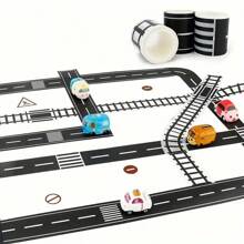 10pcs Reusable Cartoon Race Track Stickers, Black Polyurethane Race Track Tapes, Suitable For Party Car Decoration, Pre-Pasted Glitter Effect, Car Themed Birthday Party Racing Game Party Supplies
