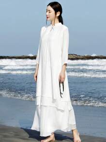 LUCIDVUE 2pcs Set Women Improved Chinese Cheongsam Dress & Wide Leg Pants Suit, Linen Fabric, Zen Style Tea Service, Spring/Summer - White - View 4