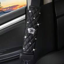 奢华黑色 PU 皮革安全带肩垫，带水钻皇冠和水钻缝线 - 时尚女士汽车内饰配件，舒适设计，车辆内饰造型 | 绗缝 PU 皮革 - 黑色 - 查看 8
