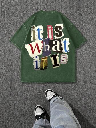 男士复古做旧趣味字母与卡通印花圆领短袖 T 恤