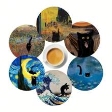 6 Packs Whimsical Black Cat Abstract Art Wooden Coasters - Hand-Painted Humorous Drink Pads For Coffee & Tea | Quirky Home & Restaurant Decor, Unique Housewarming Gift Set - Multicolor - View 8