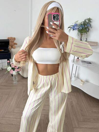 Nina Bonheur 2pcs Women Loose Comfortable Breathable Striped Long Sleeve Top & Pants Lounge Set, Cozy Outfit, Fall Winter Clothes