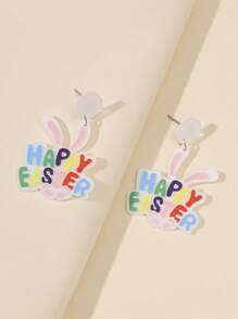 1pair Cute Joyful Celebration Acrylic HAPPY EASTER Letter Rabbit Drop Earrings For Women Girl For Easter Day Festival Gift Accessories Jewelry