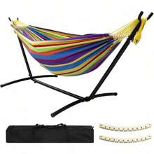 Double Hammock With Stand Included 450lb Capacity Steel Stand, Premium Carry Bag Included And Two Anti Roll Balance Beam