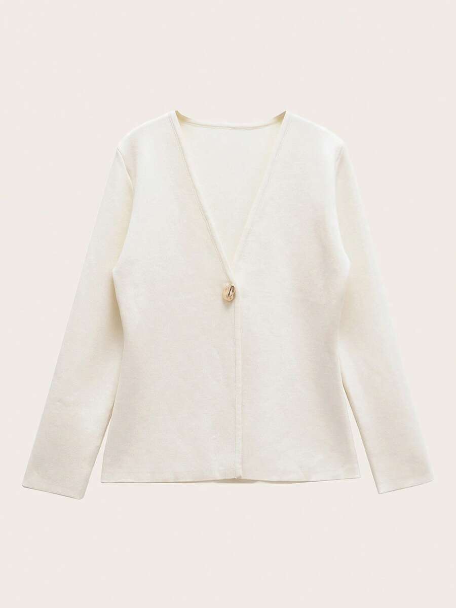 Long Sleeve Solid Color Knitted Top With Metallic Buttons, Casual For Spring & Autumn