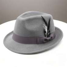 Feather Hats Vintage Short Brim Felt Fedora Hats For Women Men Jazz Hats - 淺灰色 - 查看 2
