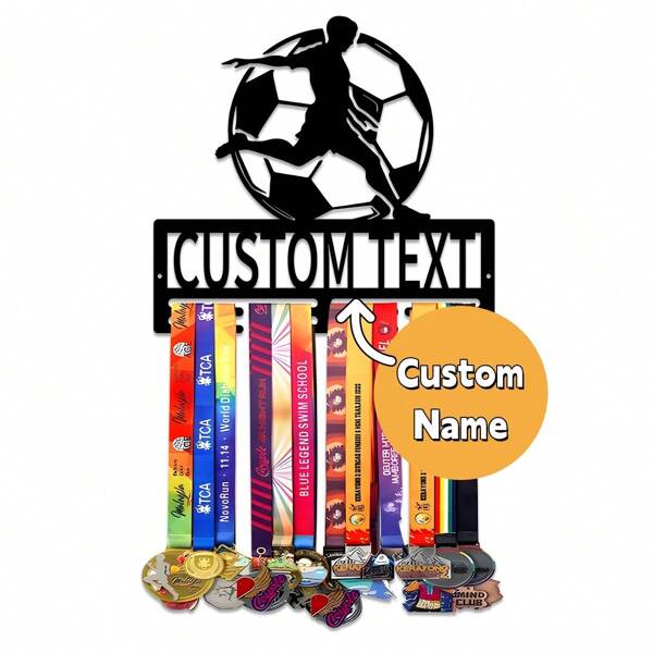 1 Stück individuell anpassbares Fußballspieler Medaillen Ausstellungsregal, personalisiertes Namensmedaillen Ausstellungsregal, Eisen Kunst Wand Dekoration Aufhänger, geeignet für Schlafzimmer, Wohnzimmer, Eingangsbereich