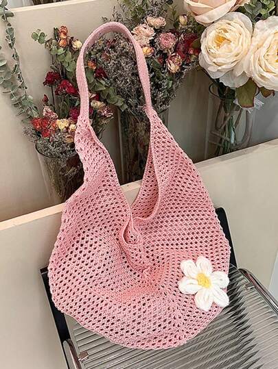 Hollow Out Weave Bag Bohemian Style Beach Handbag Hollow Tote Bag Large Capacity Slouchy Style Beach Bag Shopping Women Casual Beach Bag Large Capacity Crochet Flower Tote Bag Fashion Tote Handbags Outdoor Travel Bag, Perfectly Matching With Crochet Set, Beach Necessities,Beach Essentials,Beach Stuff & Summer Essentials, Vacation Essentials, Perfect For Summer, Vacation & Beach , Bohemian Outfit For Women