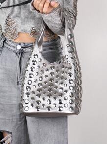 欧美时尚女士手提包2025秋冬新款休闲个性单肩包，Y2K风格甜美别致小众设计波点铆钉腋下包，复古时尚前卫大容量水桶包