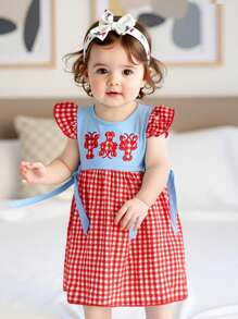 Girls Summer Plaid Dress Flying Sleeve Round Neck Lobster Embroidery A-Line Beach Dresses