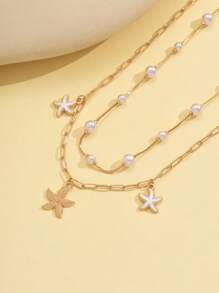 2 件套海滩人造珍珠海星吊坠项链，手工制作的链式项链适合日常、度假、旅行、休闲装和摄影 - 海星 - 查看 4