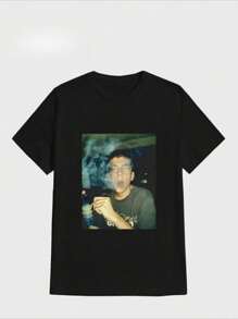 Camiseta de hombre de algodón puro y grueso de estampado digital casual con el tema de "Mclovin fumando" 1 camiseta con estampado digital de 220 g - Negro - Ver 1