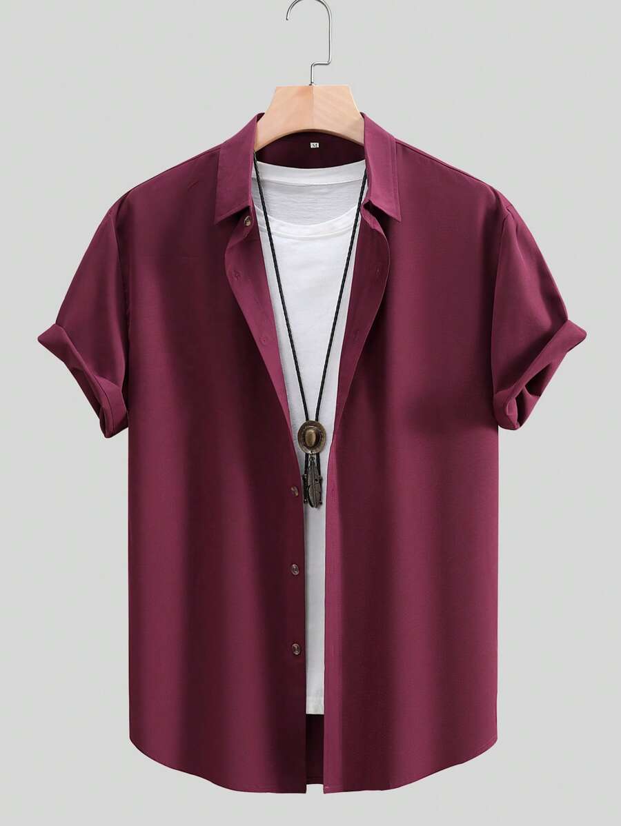 Men's Solid Color Business Casual Short Sleeve Dress Shirt - Burgundy - View 1