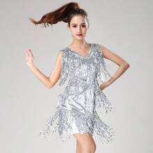 1pc Tasseled Sequin Latin Dance Dress, V-Neck Party Dress, V-Neck Shiny Leather Dance Performance Costume, Fashionable Dance Attire - Multicolor - View 18