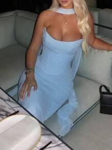 女士新款夏季两件套：露背短款上衣和高腰修身中长裙 - 优雅性感，适合鸡尾酒会、生日庆祝和夜店等场合