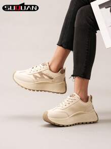 Fashionable, Elegant And Comfortable Thick Sole Casual Sneakers, Retro College Style, Suitable For Women. New Fashionable, Multi-Functional Thick-Soled Platform Sneakers For Spring And Summer - Khaki - View 5