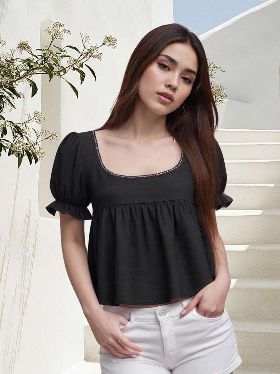 Women Short Sleeve Shirts Solid Color Square Neck Blouses Summer Fashion Casual Tops Streetwear