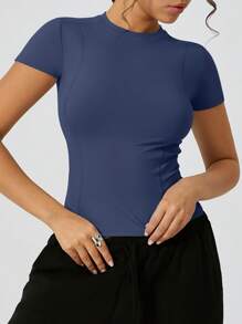 Camiseta deportiva de mujer de cuello redondo de secado rápido, ajuste ceñido con efecto estilizante, transpirable, para actividades al aire libre y fitness de manga corta