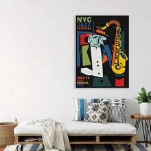 Framed[Artistic] Vibrant NYC Jazz Festival Canvas Poster - D Wall Art Featuring Colorful Saxophone Player In Suit, Ideal For Living Room Or Bedroom Decor, Great Holiday Gift, Music Room Decor, Music Decor - Framed - View 4