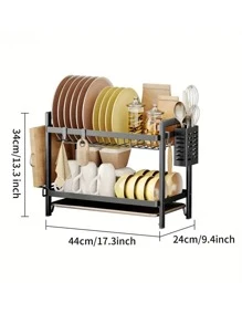 1-Pack Black 2-Tier Iron Dish Rack With Drain Board & Chopsticks Holder - Heavy Duty Kitchen Countertop Organizer, Large Capacity Utensil Drying Rack, Rust-Resistant Dish Drainer For Sink Side - Multicolor - View 7