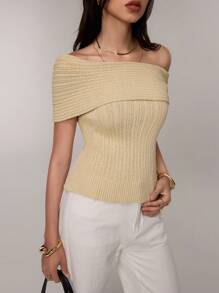 FOR BEAUTY 春夏新款露肩短袖针织衫，女士休闲通勤毛衣，性感露肩细罗纹针织衫，奶油黄上衣，毕业季和新年季 - 黃色 - 查看 5