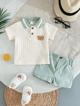 2pcs/Set Infant/Toddler Boys Cute Bear Embroidery Polo Shirt With Collar And Comfortable Shorts, Classic British Style