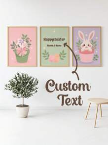 Juego de 3 carteles personalizados sin marco de conejos de Pascua, huevos brillantes y caza de huevos familiar para decoración de habitación infantil, con nombre personalizado, decoración sin marco para habitación de bebé