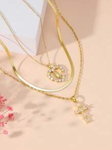 3 Pieces Of Retro Metal Style Heart-Shaped Hollowed Out Virgin Mary Zirconia Pendant+Diamond Studded Cross Pendant Multi-Layer Necklace Set For Women Jewelry Suitable For Christian Holidays Such As Easter, Ascension, And Daily Wear - Yellow Gold - View 7