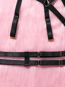 女士吊带文胸和内裤套装性感绷带内衣套装弹力吊带罩杯肩带文胸上衣网眼 - 黑皮 - 查看 7